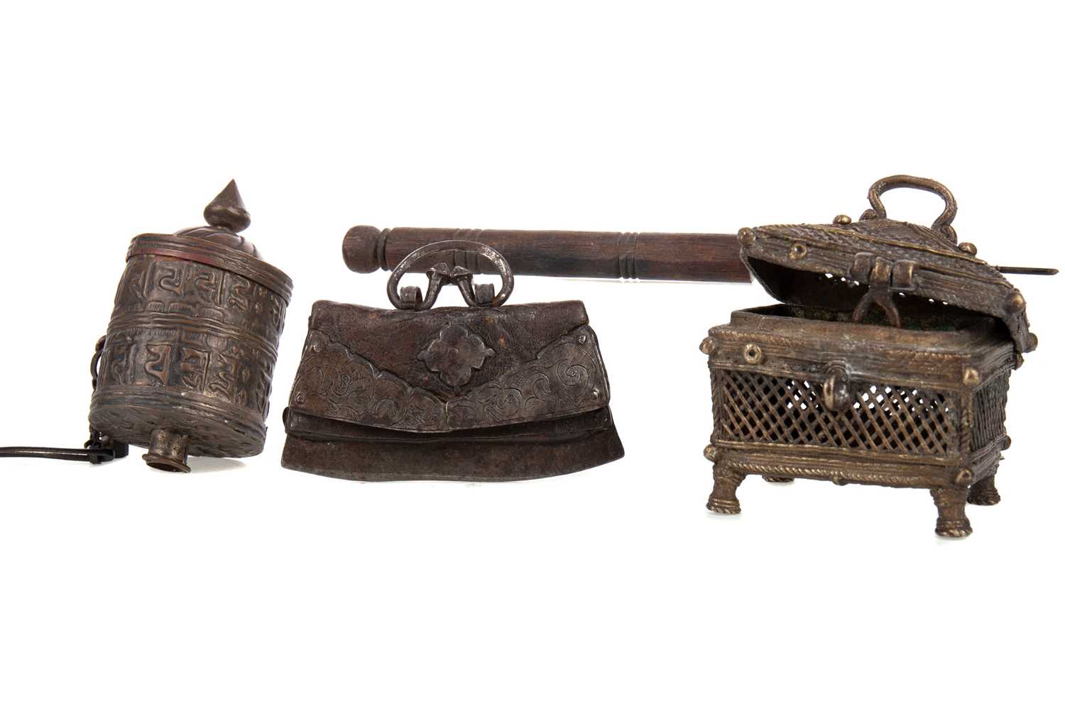 A 19TH CENTURY OR EARLIER TIBETAN FLINT POUCH AND PRAYER WHEEL, WITH A DHOKRA MONEY BOX