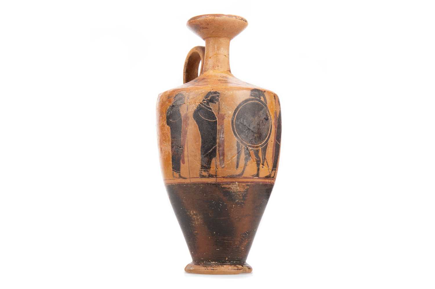 AN ANCIENT GREEK TERRACOTTA BLACK FIGURE LEKYTHOS