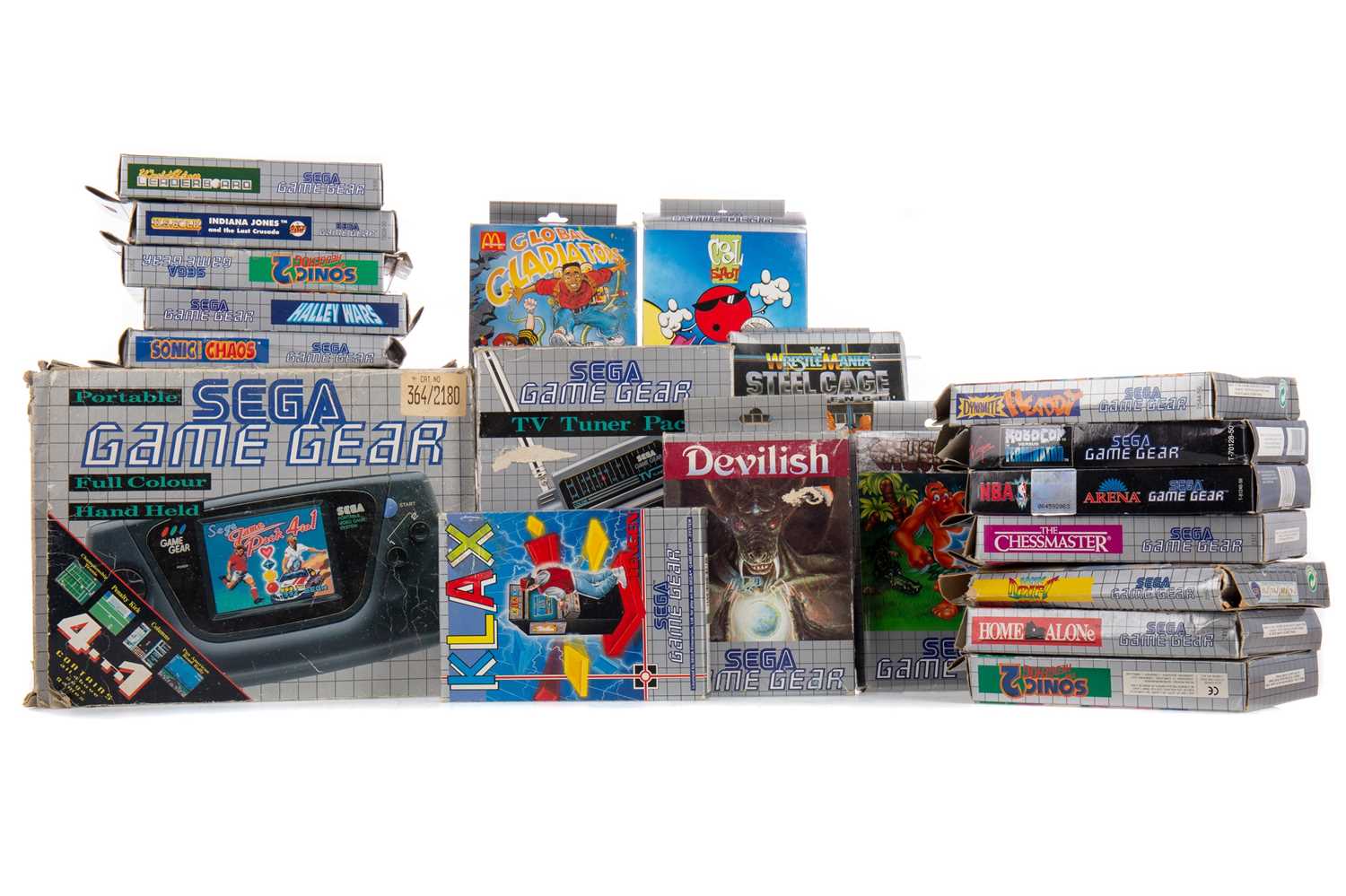 A SEGA GAME GEAR, TV TUNER PACK AND 18 GAMES