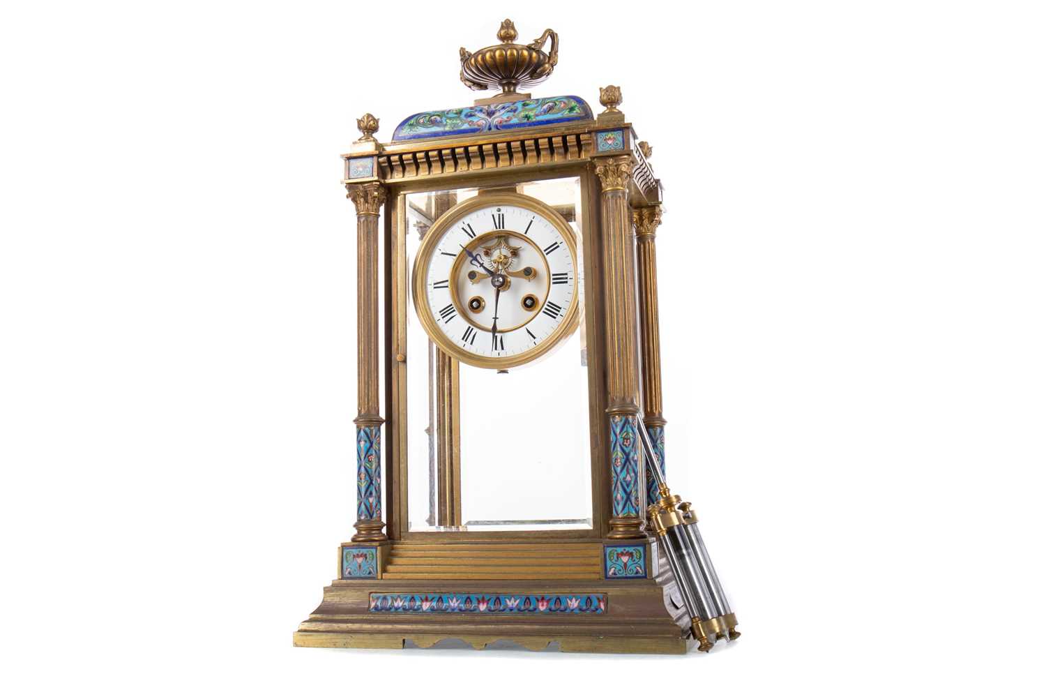 A LATE 19TH CENTURY FRENCH BRASS AND CHAMPLEVE ENAMEL MANTEL CLOCK