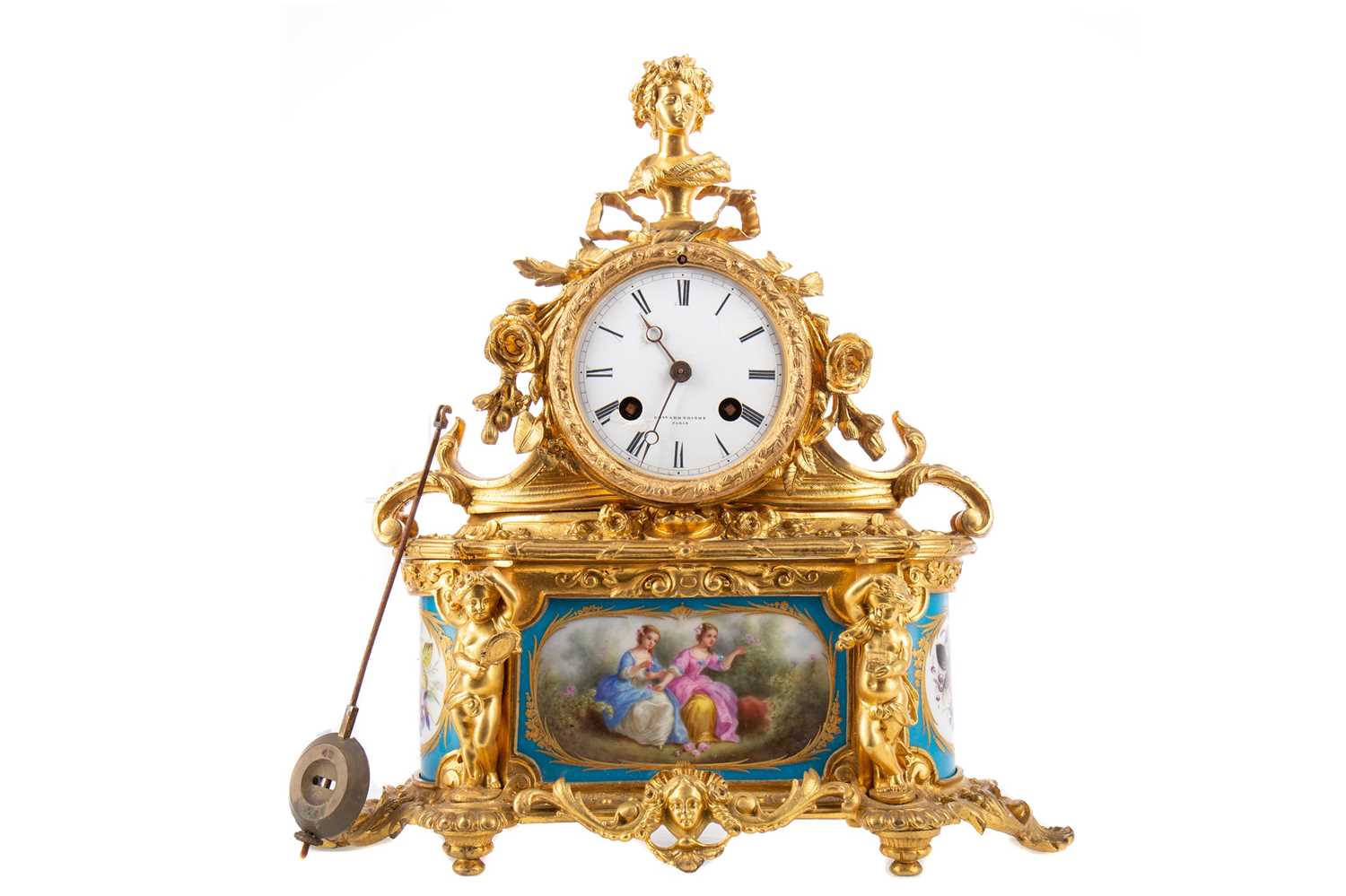 A LATE 19TH CENTURY FRENCH PORCELAIN AND ORMOLU MANTEL CLOCK