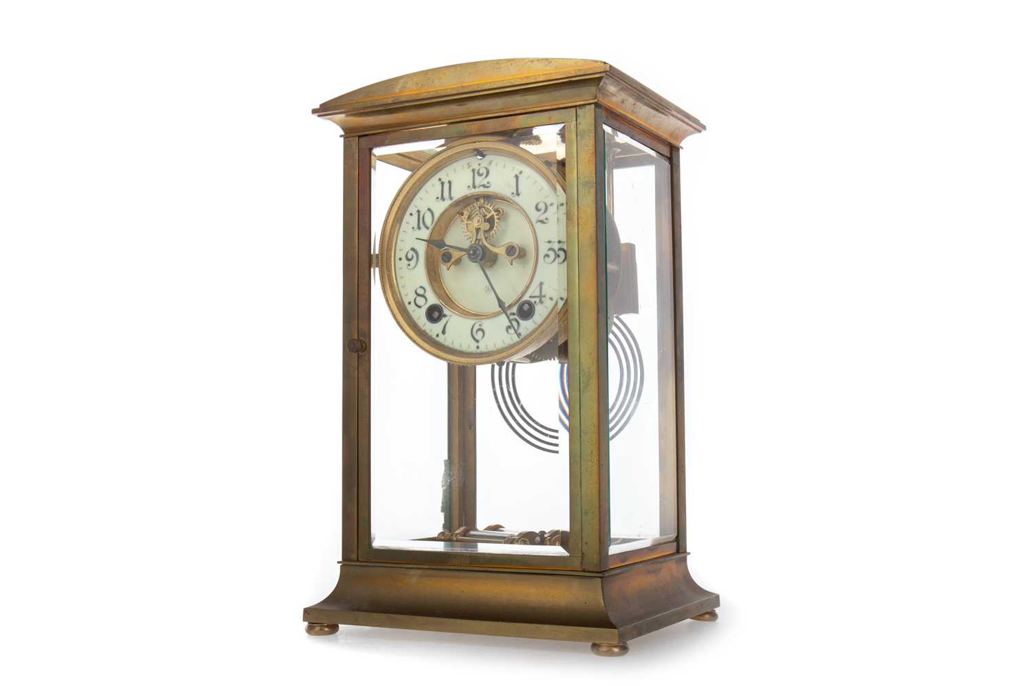 GILT BRASS FOUR GLASS MANTEL CLOCK, EARLY 20TH CENTURY