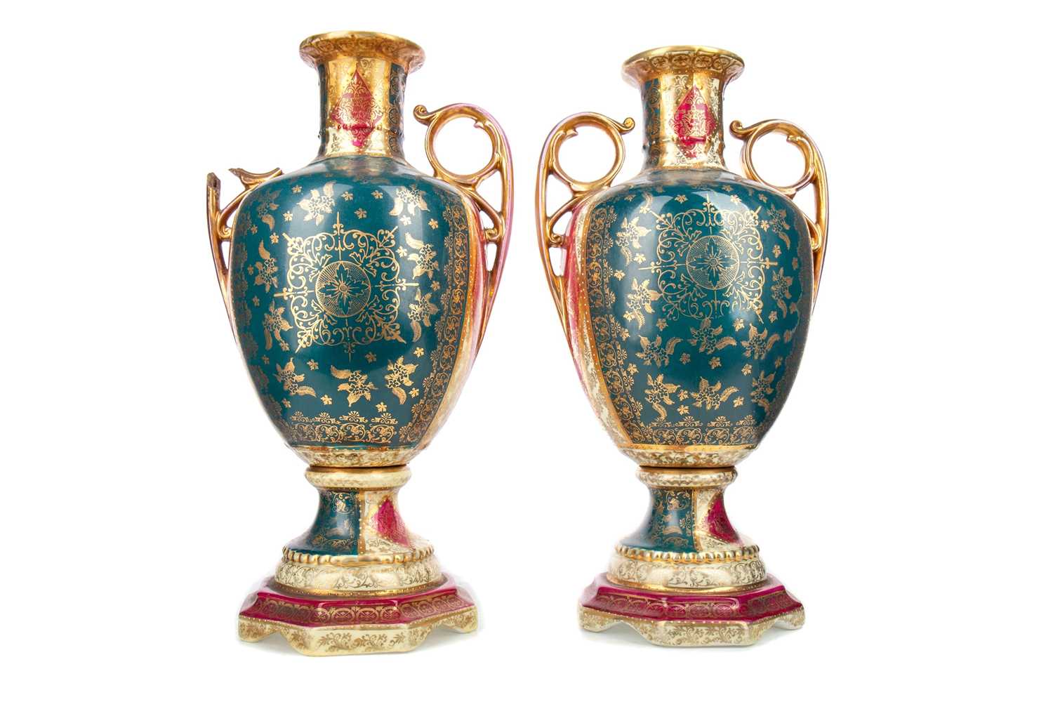 A PAIR OF LATE 19TH/EARLY 20TH CENTURY CONTINENTAL PORCELAIN TWIN HANDLED VASES - Image 2 of 2