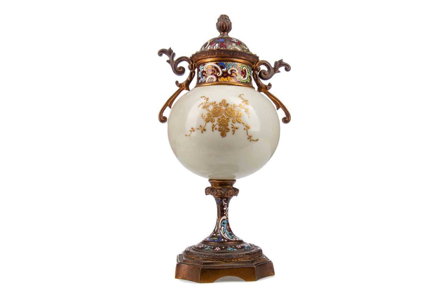 A LATE 19TH CENTURY FRENCH PORCELAIN, GILT METAL AND CHAMPLEVE ENAMEL URN - Image 3 of 3