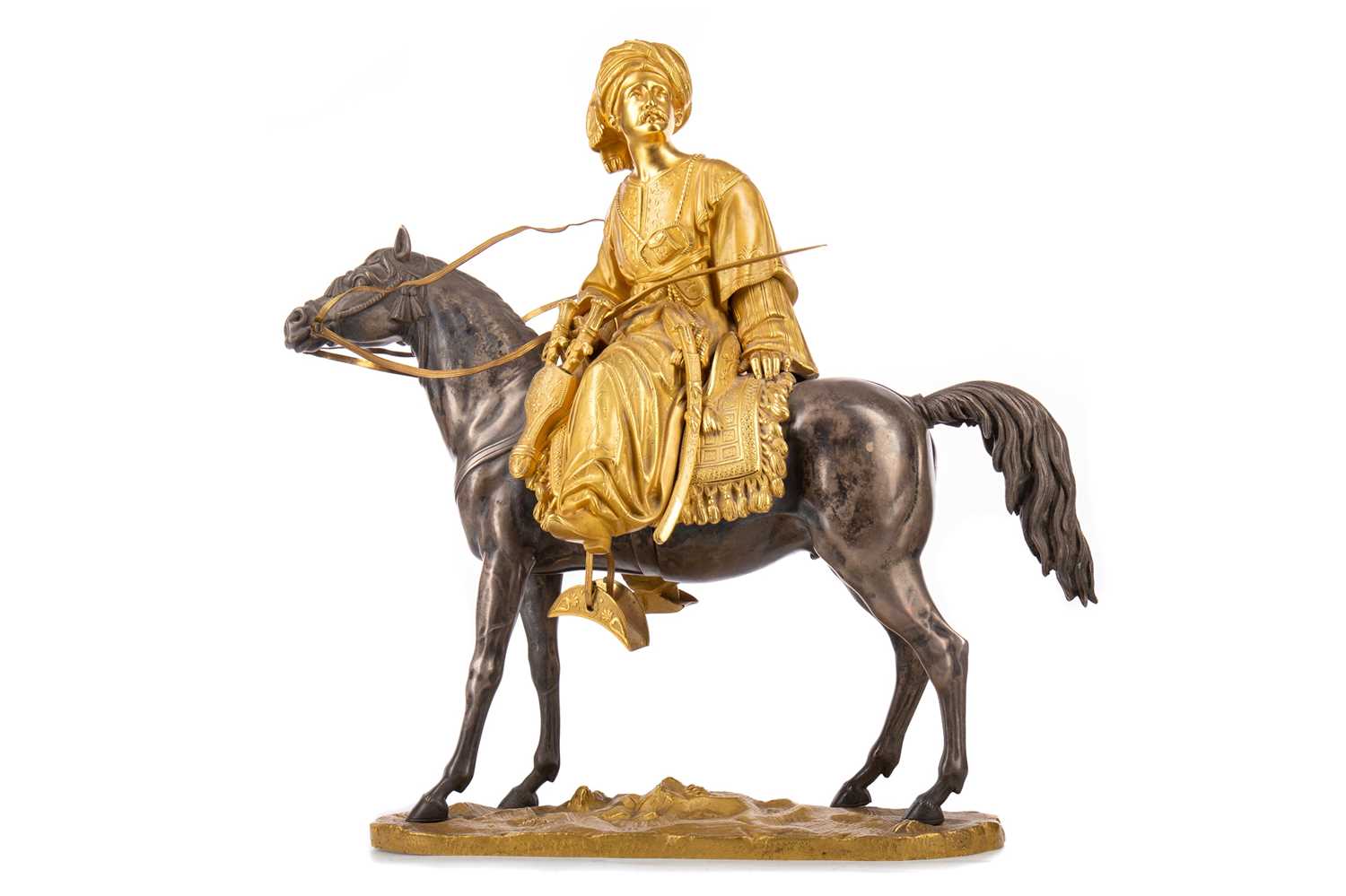 A FRENCH ORIENTALIST EQUESTRIAN DOUBLE-PATINATED BRONZE FIGURE GROUP