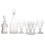 A SET OF SIX 19TH CENTURY GLASS RUMMERS, AND TWO DECANTERS