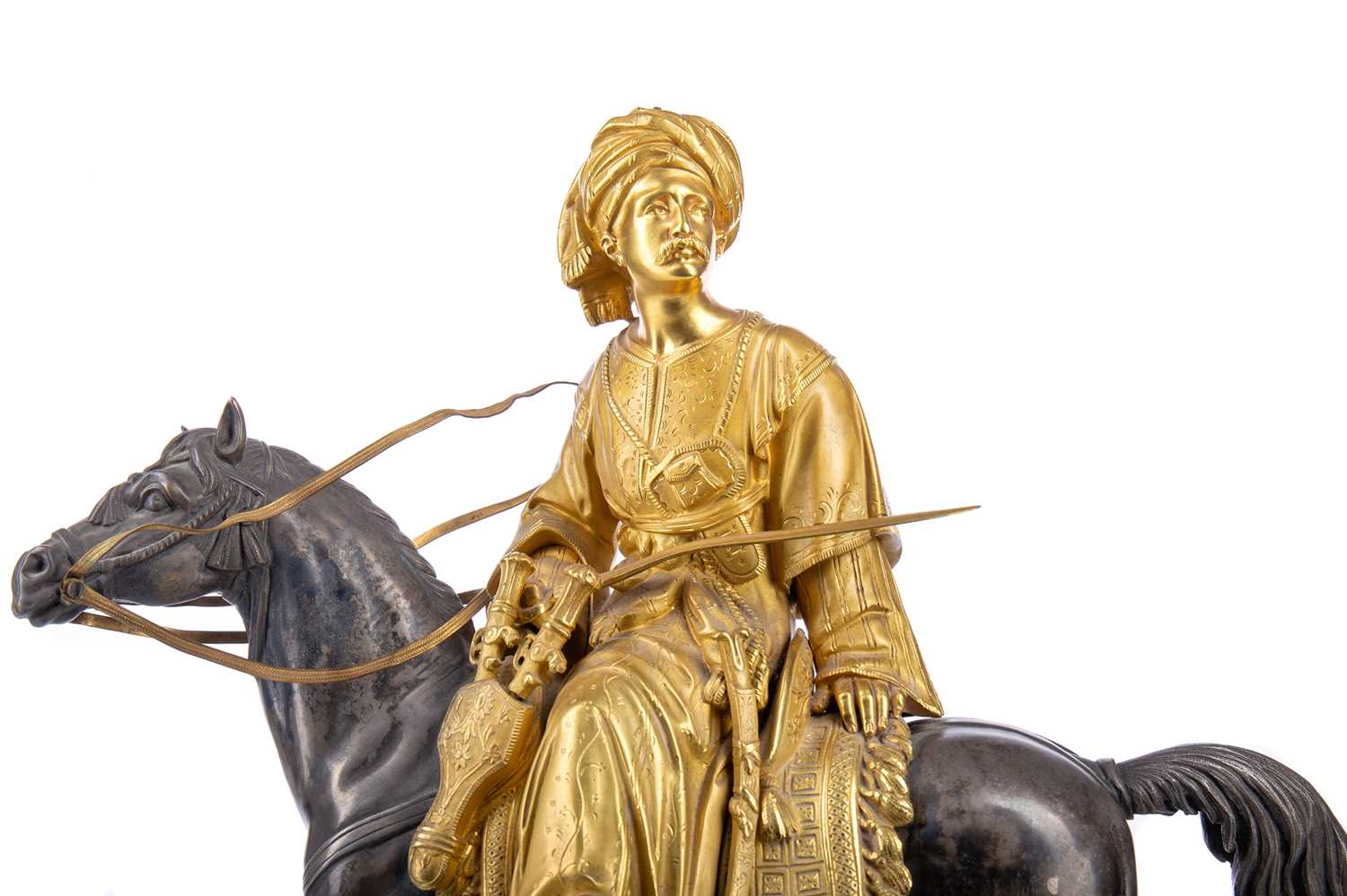 A FRENCH ORIENTALIST EQUESTRIAN DOUBLE-PATINATED BRONZE FIGURE GROUP - Image 3 of 10