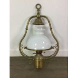 A 19TH CENTURY BRASS FRAMED PENDANT OIL LAMP