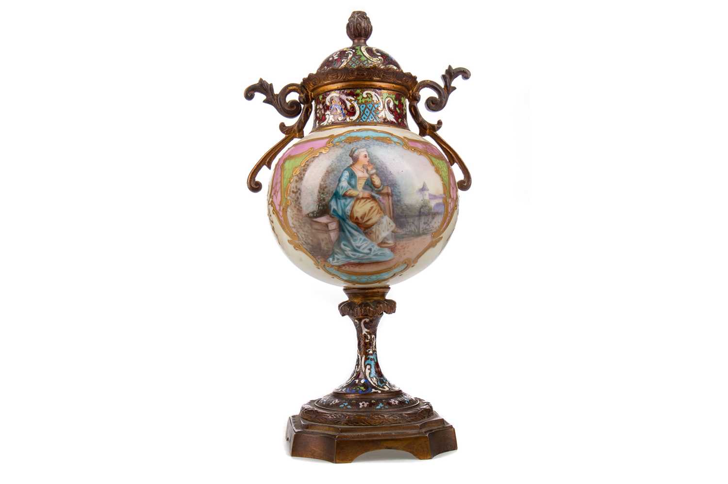 A LATE 19TH CENTURY FRENCH PORCELAIN, GILT METAL AND CHAMPLEVE ENAMEL URN
