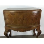 CONTINENTAL MAHOGANY AND PARQUETRY BOW FRONTED DRINKS CABINET CONTEMPORARY