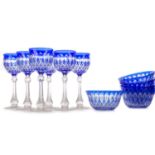 SET OF SIX BOHEMIAN BLUE FLASHED HOCK GLASSES AND SIX BOWLS, EARLY 20TH CENTURY