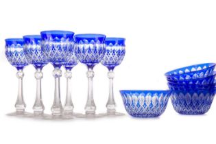 SET OF SIX BOHEMIAN BLUE FLASHED HOCK GLASSES AND SIX BOWLS, EARLY 20TH CENTURY