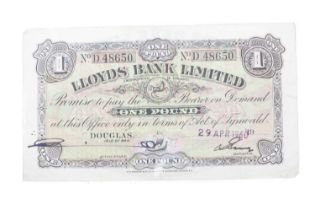 LLOYDS BANK LIMITED ISLE OF MAN ONE POUND BANKNOTE, DATED 29 APR 1960