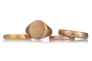 SIGNET RING AND THREE WEDDING RINGS,