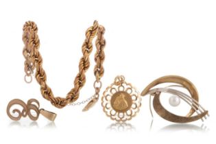 TWO PENDANTS, A BRACELET AND A BROOCH, IN NINE CARAT GOLD