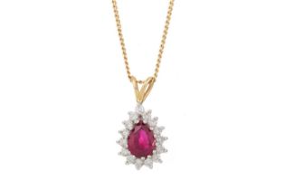 RUBY AND DIAMOND CLUSTER PENDANT,