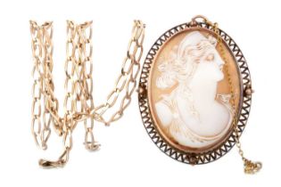 NINE CARAT GOLD CHAIN, ALONG WITH A CAMEO BROOCH,