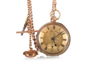 NINE CARAT GOLD OPEN FACE POCKET WATCH, WITH ALBERT CHAIN,