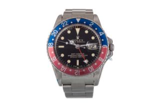 RARE AND IMPRESSIVE: ROLEX PEPSI GMT MASTER AUTOMATIC STAINLESS STEEL WRIST WATCH,