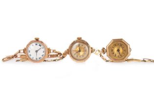 TWO GOLD CASED WRIST WATCHES AND ANOTHER WATCH