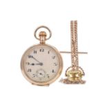 A GOLD PLATED OPEN FACE POCKET WATCH WITH A NINE CARAT GOLD DOUBLE ALBERT CHAIN