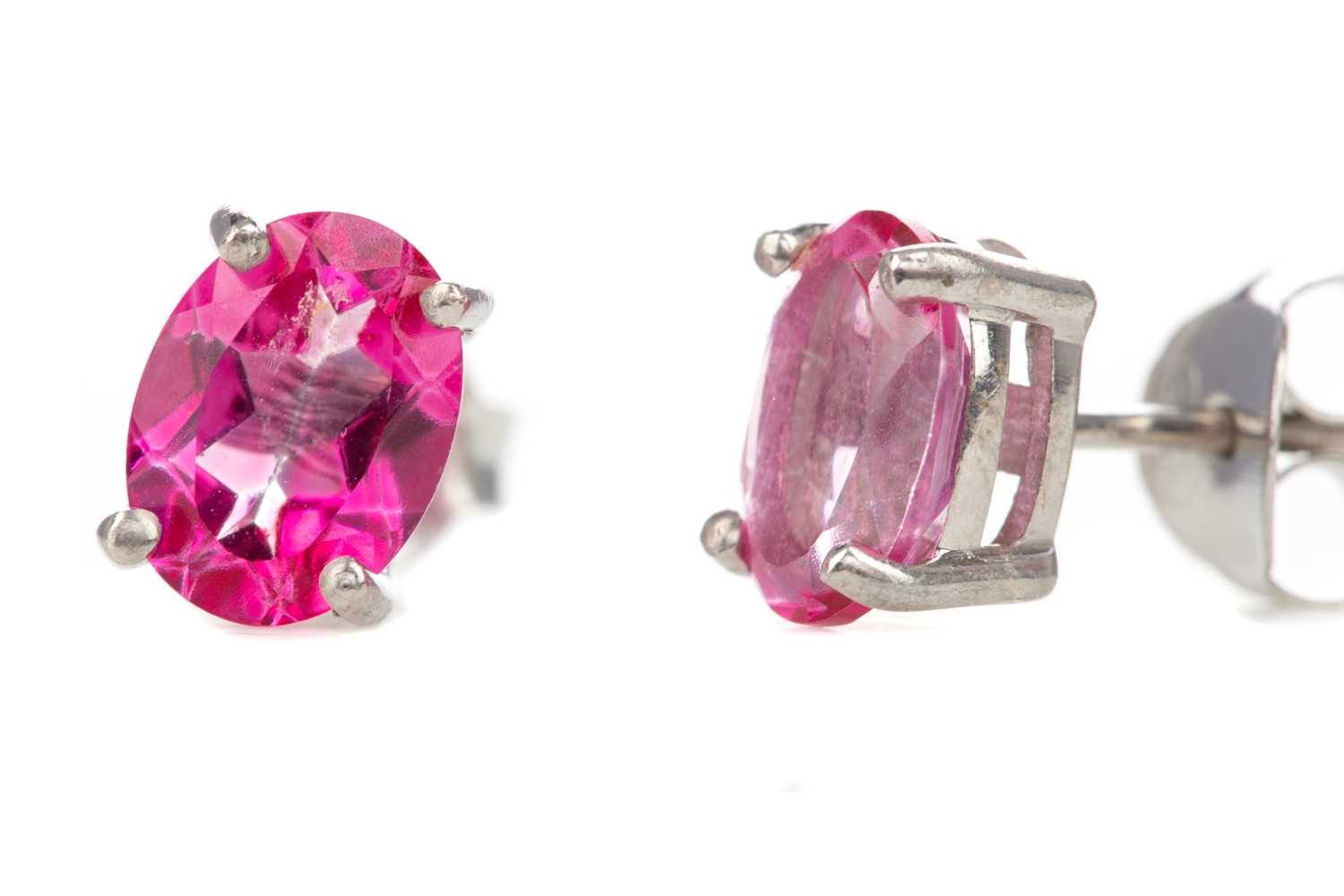 A PAIR OF PINK TOPAZ STUD EARRINGS