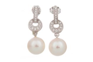 PAIR OF PEARL AND DIAMOND EARRINGS