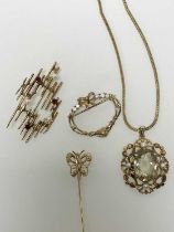 TWO BROOCHES, A PENDANT AND A STICK PIN,