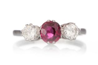 RUBY AND DIAMOND THREE STONE RING,