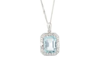 AQUAMARINE AND DIAMOND PENDANT,