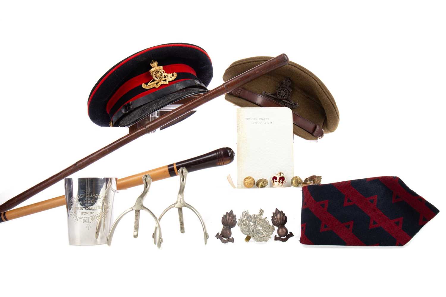 TWO OFFICER'S CAPS, TWO SWAGGER STICKS, CAP BADGES AND BUTTONS