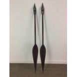 A PAIR OF AFRICAN CARVED CEREMONAL SPEARS AND A FURTHER FIGURAL DETAILED SPEAR