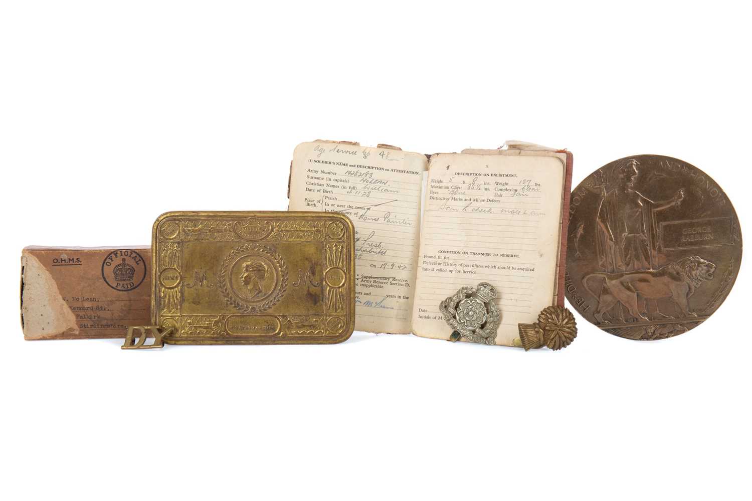 A WWI DEATH PLAQUE FOR GEORGE RAEBURN, ALONG WITH A SERVICE BOOK AND OTHER PIECES