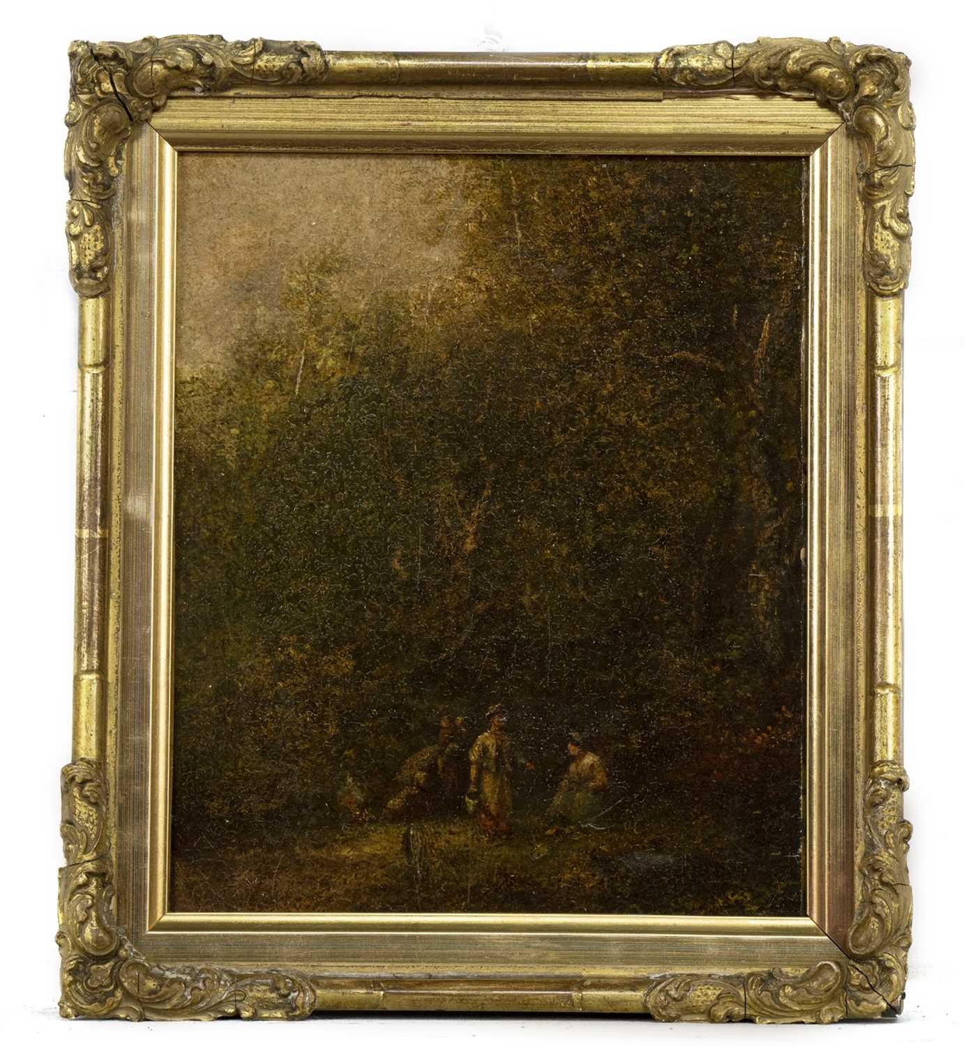 WOODED SCENE WITH FIGURES, AN OIL