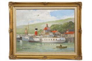 * IAN G ORCHARDSON (SCOTTISH 1927 - 1997), DUNOON PIER WITH DEPV TALISMAN AND BOW OF QUEEN MARY II