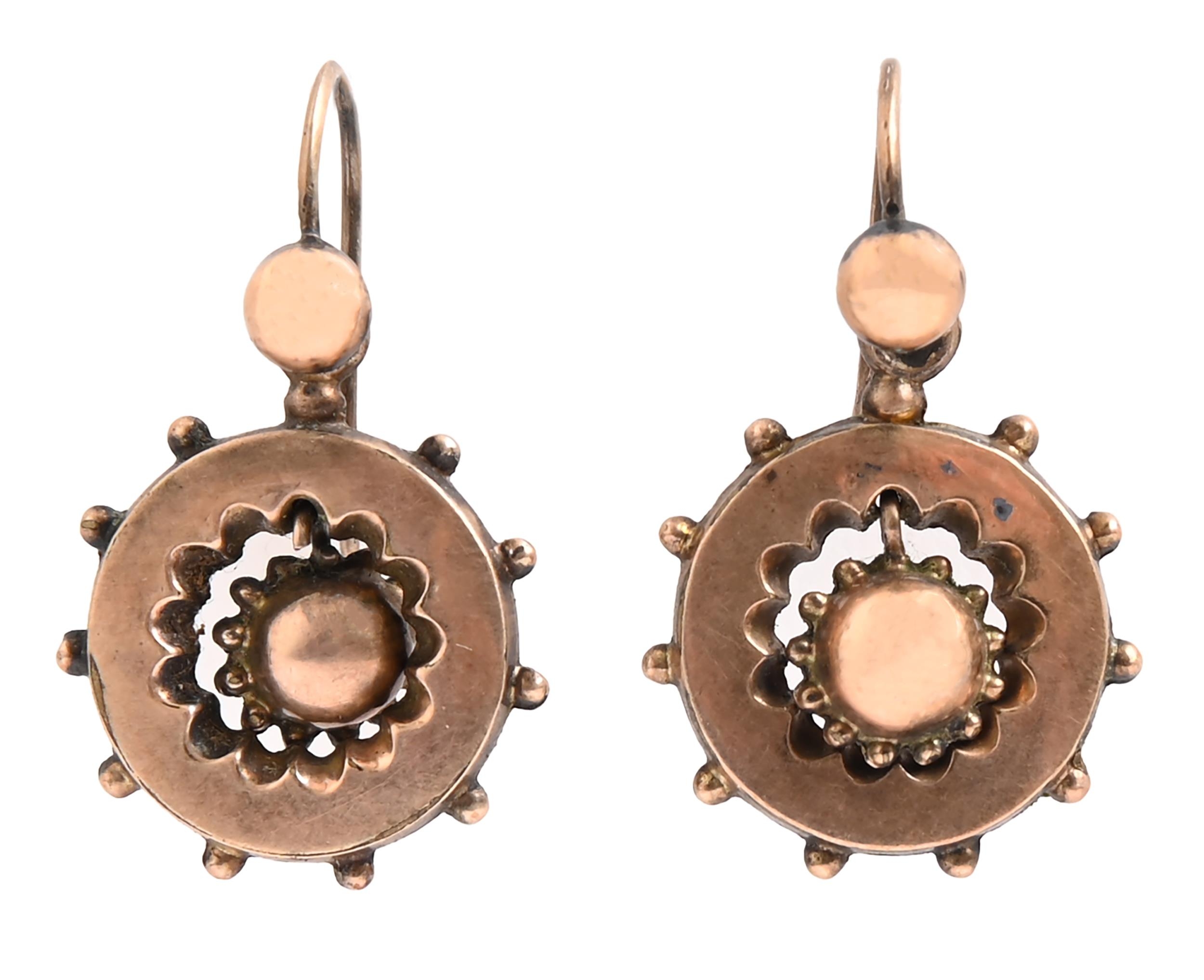A pair of Victorian circular gold earrings, with articulated drop, wire loop, 27mm, 2.8g The