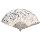 A Chinese export silver and feather fan, 19th c, with filigree guards and repousse sticks, mother of