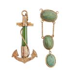 A gold and nephrite anchor brooch, c1900, 43mm h, marked 9ct and an articulated turquoise cabochon