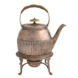 A Victorian silver tea kettle and cover, on lampstand with wicker wrapped handle, 27cm h, by Charles