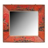 A scarlet japanned mirror, early 20th c, decorated with chinoiseries, 50 x 56cm The collection of C.