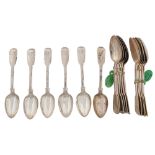 One set of six George IV and two sets of six Victorian silver teaspoons,  Fiddle pattern, all