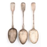 Three silver tablespoons, George IV-Victorian,  Fiddle pattern, by various makers, London and