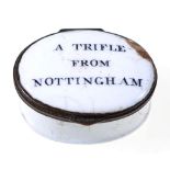 A South Staffordshire enamel patch box, late 18th c, the lid printed in black A TRIFLE FROM