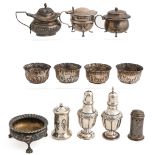 Miscellaneous silver salt cellars, mustard pots and pepperettes,  Victorian-early 20th c,