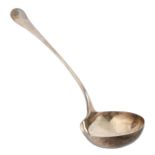 A George II silver soup ladle, Hanoverian pattern, maker's mark obscured, London 1757, 6ozs The