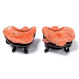 Two Chinese coral carvings of a lotus leaf, late 19th / early 20th c, approximately 60mm, wood