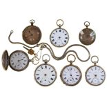 Seven English and Continental silver watches, 19th c, including a hunting cased example The