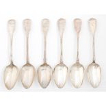 A set of six George IV silver tablespoons, Fiddle pattern, initialled T, by John and Henry Lias,