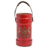 A scarlet cork cordite bucket, early 20th c, with royal arms transfer and leather handle, 41.5cm h