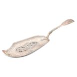 A George III silver fish slice, Fiddle pattern, pierced and engraved with a flower, by Edward